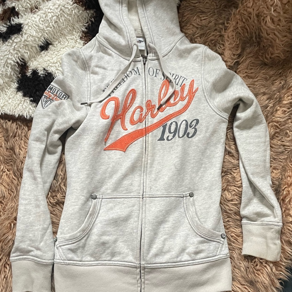 Orange detail, grey Harley Davidson jacket
